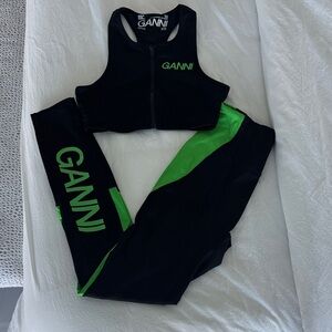 Ganni Black and Neon Green Zip Sports Bra and Leggings Set
